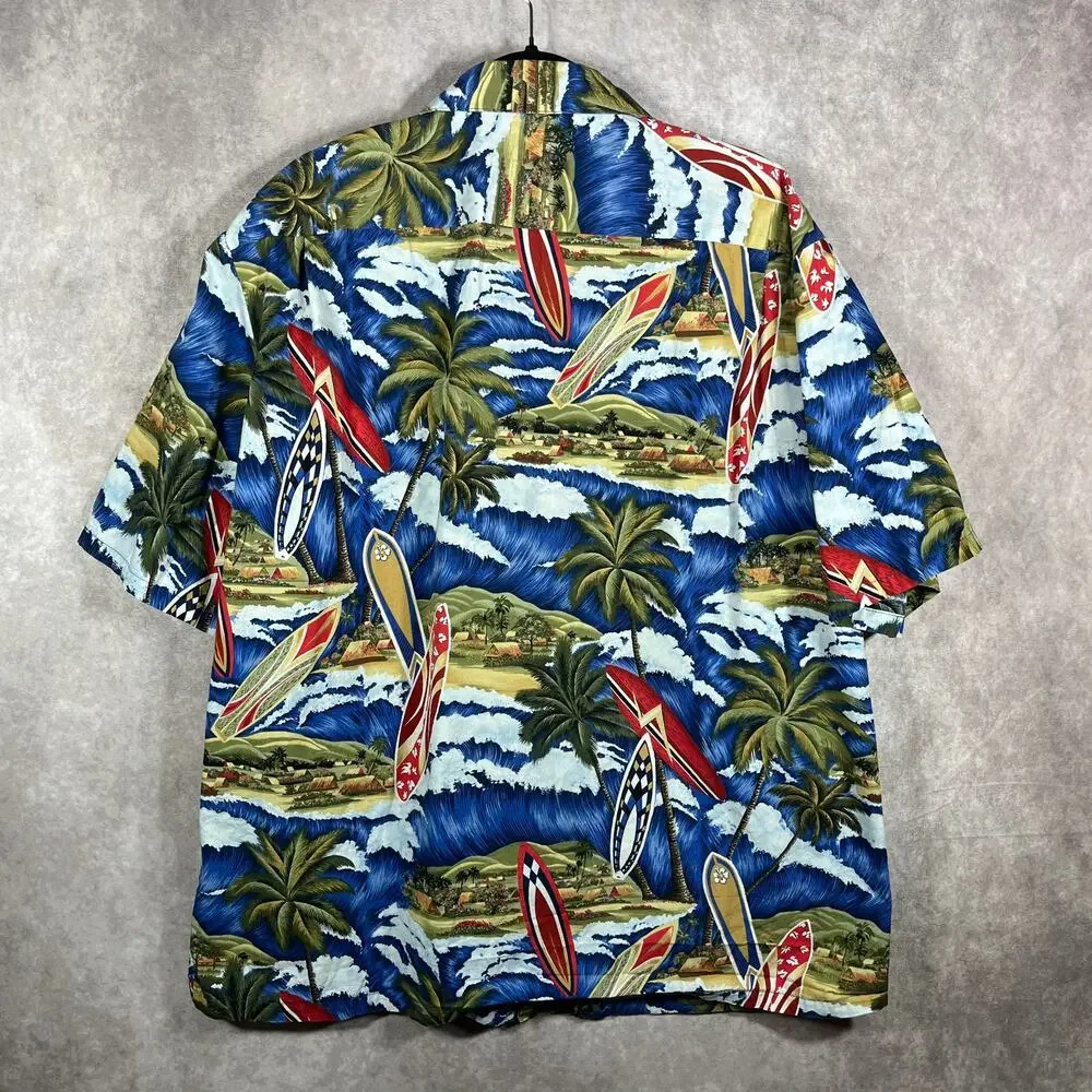 Hilo Hattie Hawaiian Camp Shirt Men XL Blue Surf Board Print Beach Summer Resort